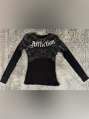 Affliction Women’s Long Sleeve Thermal Top Black Graphic Skull Wings Size S